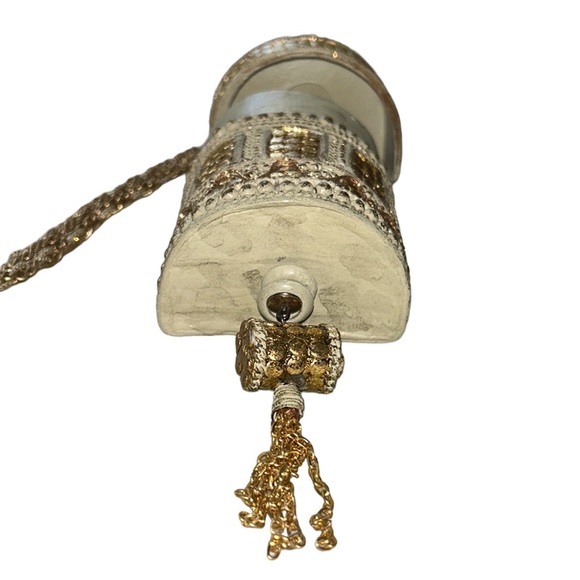 Vintage Handmade Ivory Metallic Gold Wood Curved Box Chain Tassel Crossbody - Picture 6 of 11